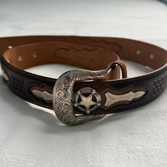 Justin Odessa Star Silver Texas Ranger Brown Leather Belt Vtg 1994 Size 36 - Picture 11 of 16